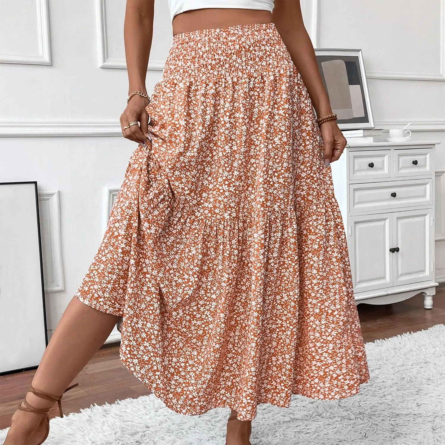 2025 Summer Women's Floral Print Midi Maxi Skirts Casual High Waist A Line Dressy Swing Flowy Long Skirt