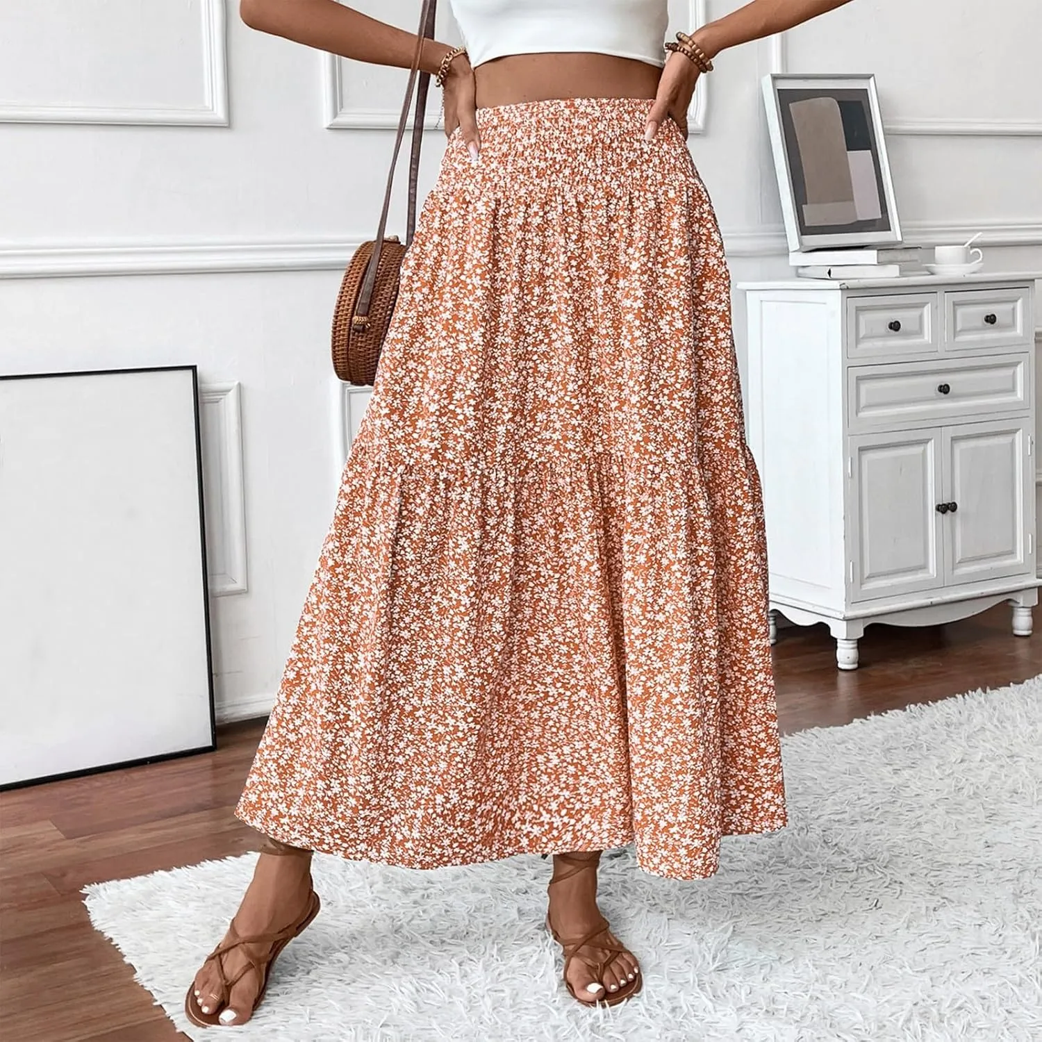 2025 Summer Women's Floral Print Midi Maxi Skirts Casual High Waist A Line Dressy Swing Flowy Long Skirt