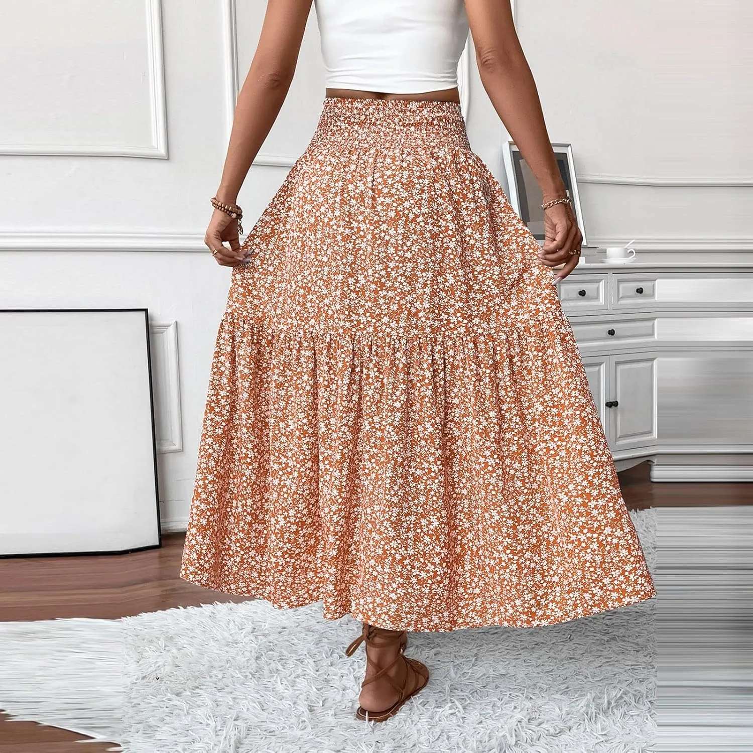2025 Summer Women's Floral Print Midi Maxi Skirts Casual High Waist A Line Dressy Swing Flowy Long Skirt