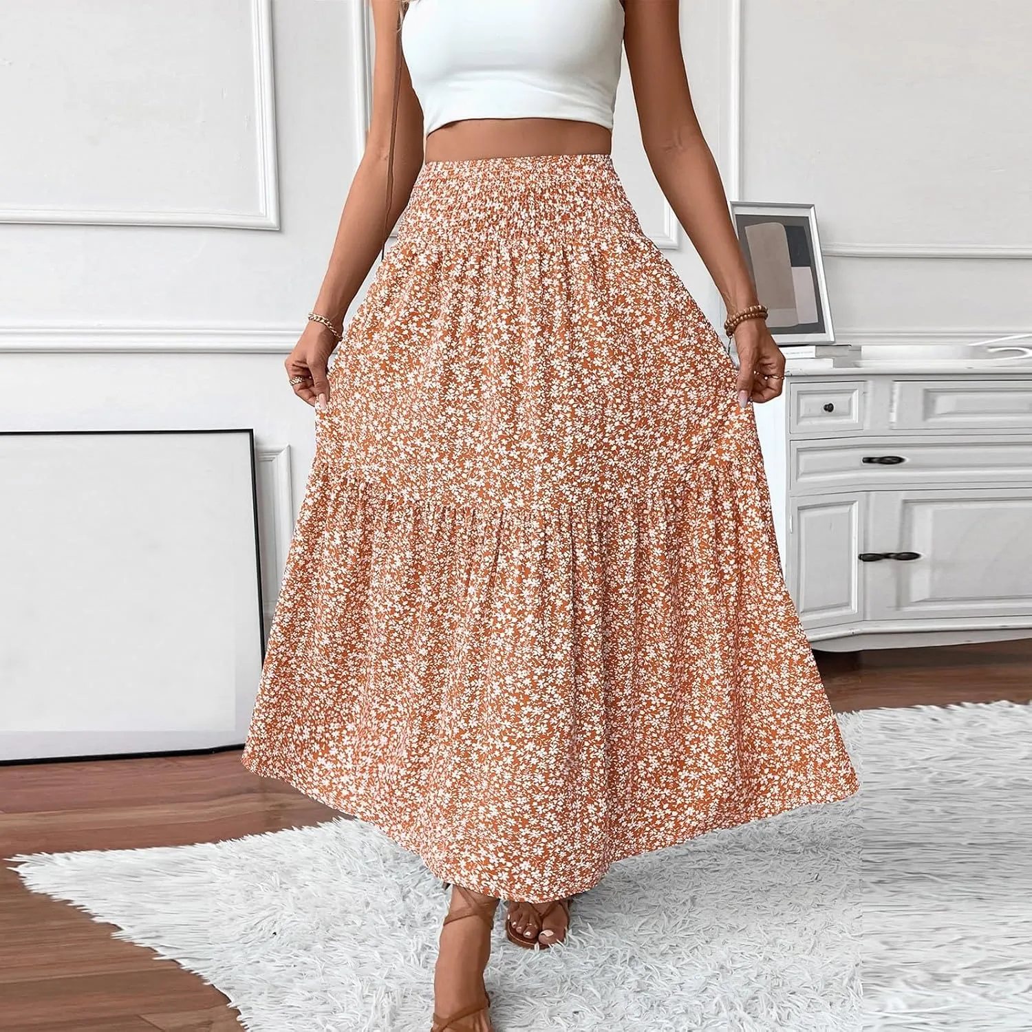 2025 Summer Women's Floral Print Midi Maxi Skirts Casual High Waist A Line Dressy Swing Flowy Long Skirt