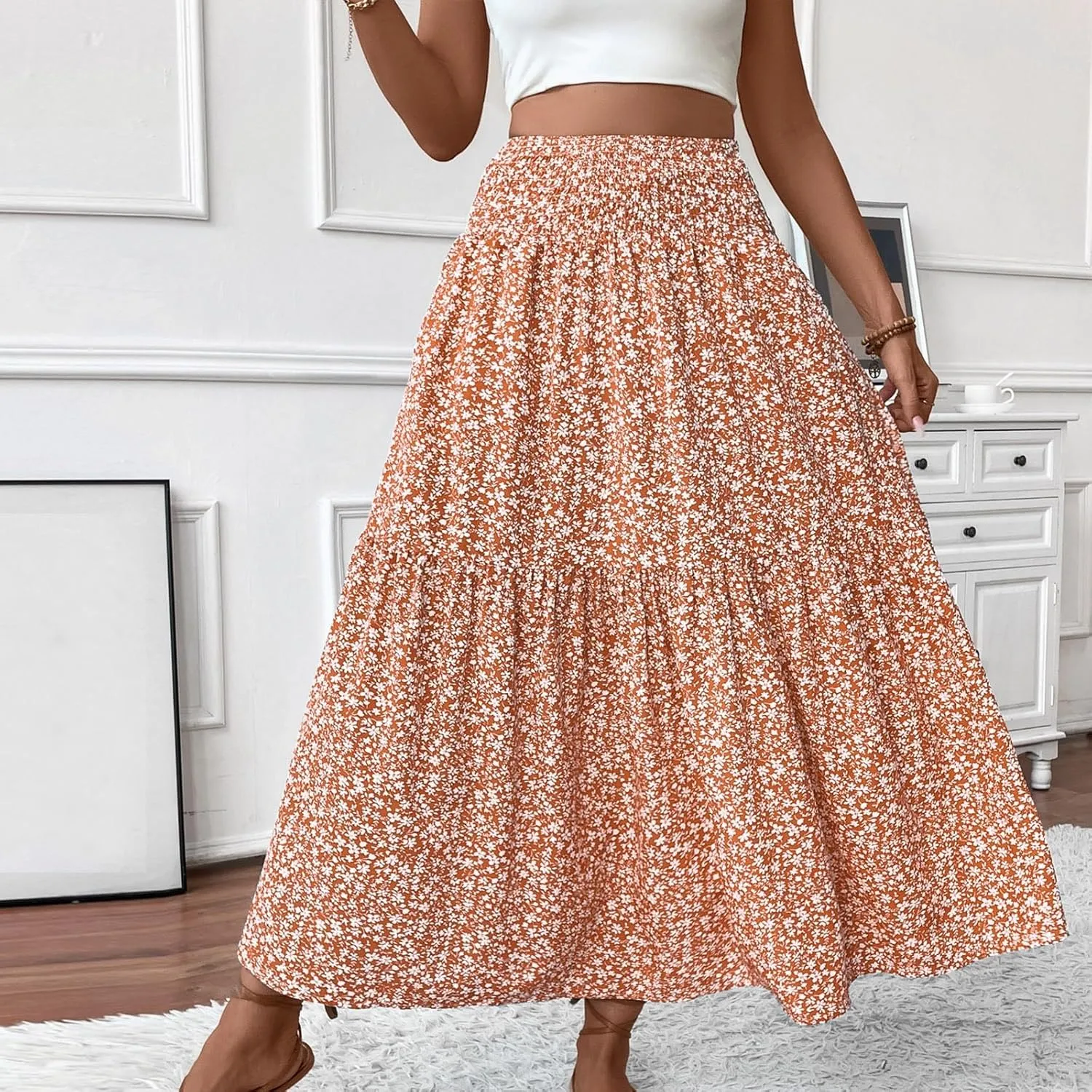 2025 Summer Women's Floral Print Midi Maxi Skirts Casual High Waist A Line Dressy Swing Flowy Long Skirt