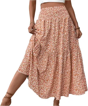 2025 Summer Women's Floral Print Midi Maxi Skirts Casual High Waist A Line Dressy Swing Flowy Long Skirt