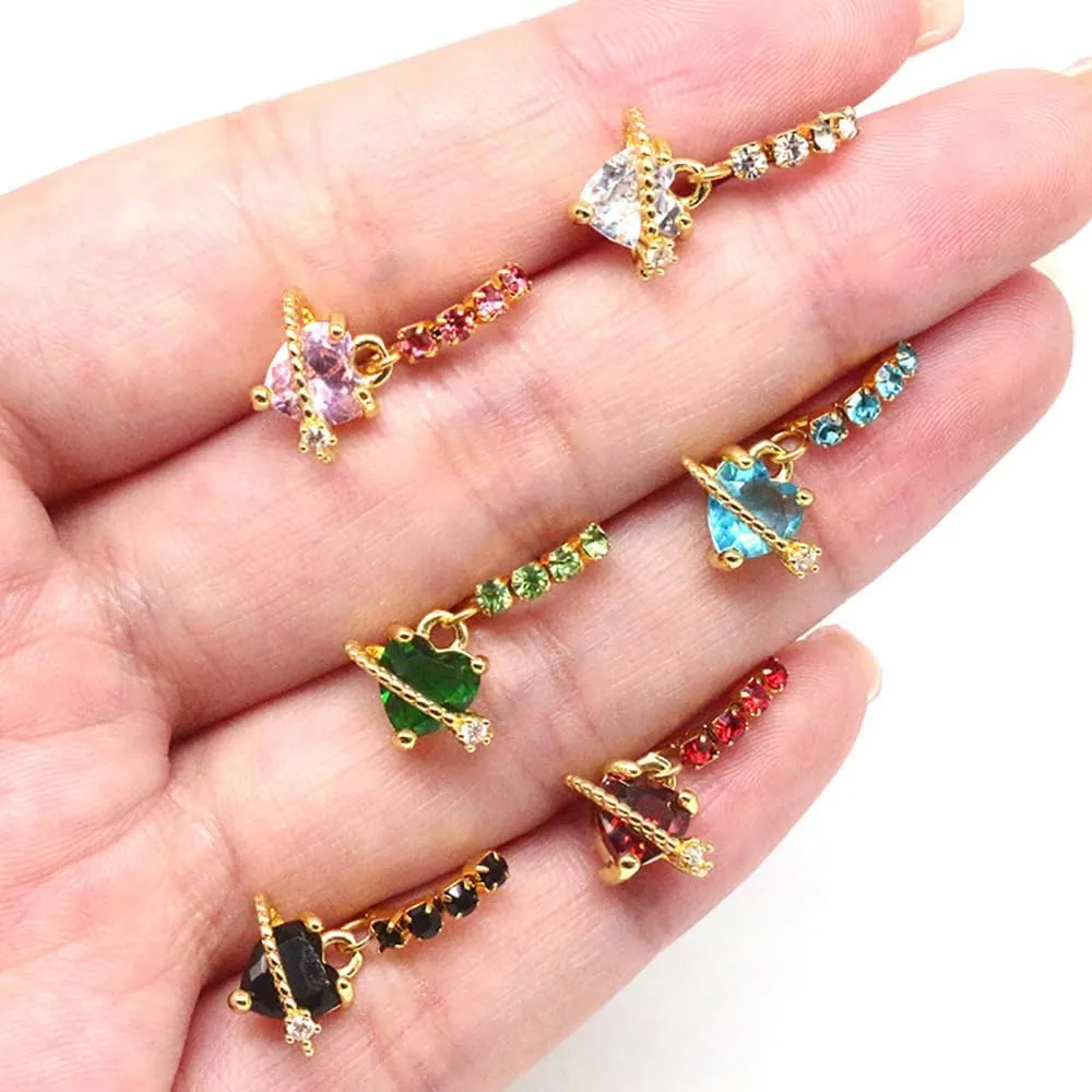 20G CZ Heart Dangle Nose Rings for Women Stainless Steel 14K Gold Plated Nose Nostril Hoops Dangling Nose Piercing Jewelry