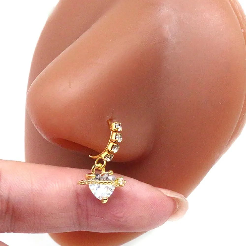 20G CZ Heart Dangle Nose Rings for Women Stainless Steel 14K Gold Plated Nose Nostril Hoops Dangling Nose Piercing Jewelry