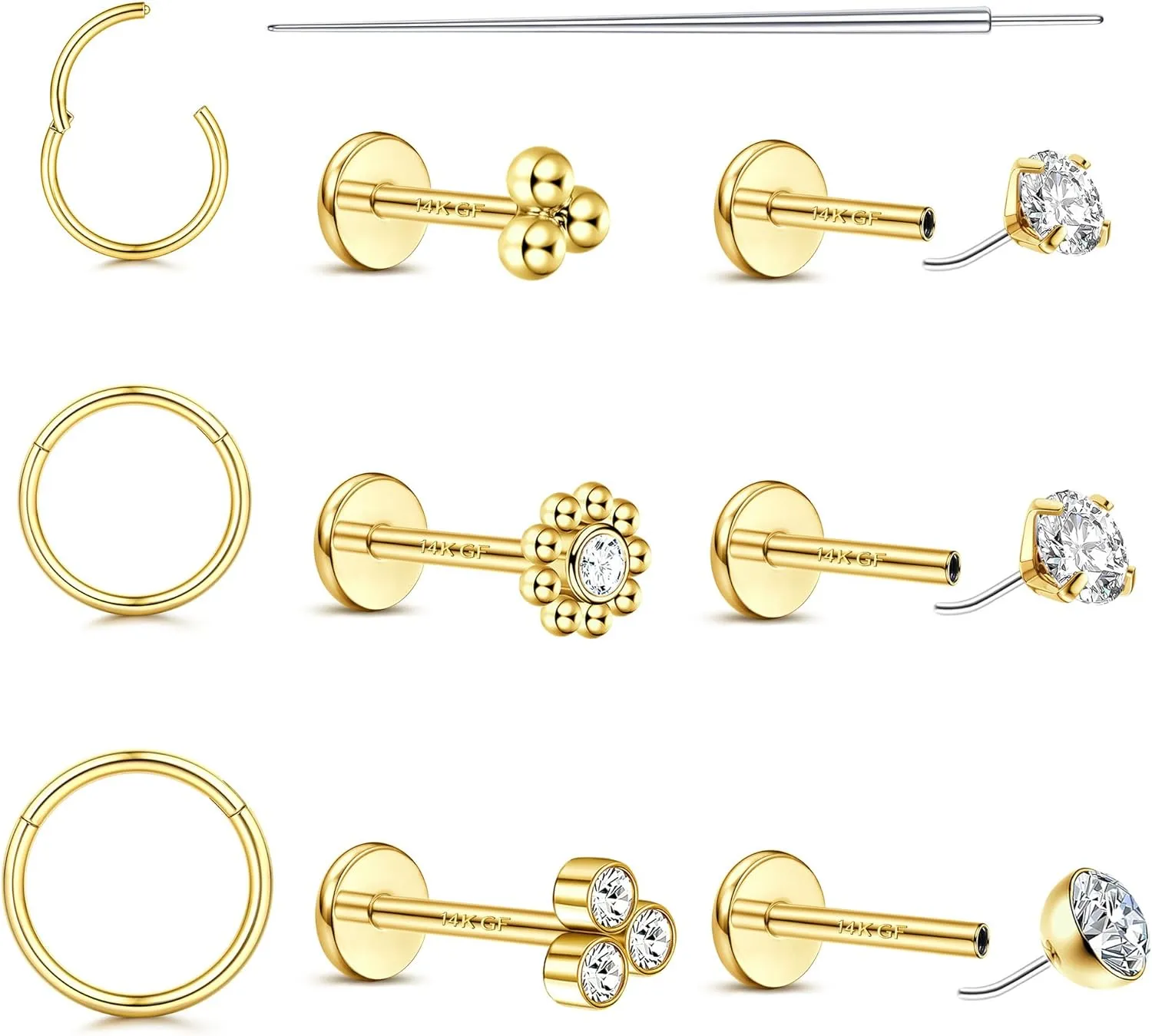 20G/18G Nose Rings Studs for Women Men - 14K Gold Filled Flat Back Nose Studs Nose Ring Hoops Hypoallergenic Surgical Steel Threadless Push in CZ Helix Tragus Conch Nostril Cartilage Piercing Jewelry