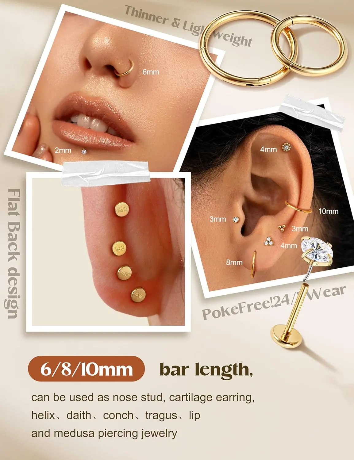 20G/18G Nose Rings Studs for Women Men - 14K Gold Filled Flat Back Nose Studs Nose Ring Hoops Hypoallergenic Surgical Steel Threadless Push in CZ Helix Tragus Conch Nostril Cartilage Piercing Jewelry