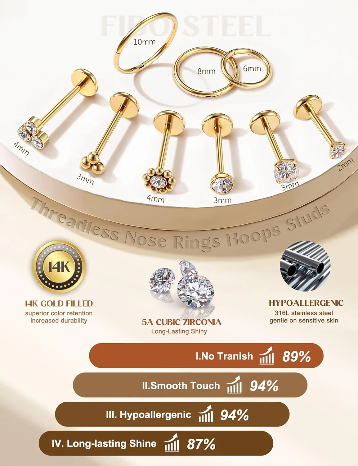 20G/18G Nose Rings Studs for Women Men - 14K Gold Filled Flat Back Nose Studs Nose Ring Hoops Hypoallergenic Surgical Steel Threadless Push in CZ Helix Tragus Conch Nostril Cartilage Piercing Jewelry