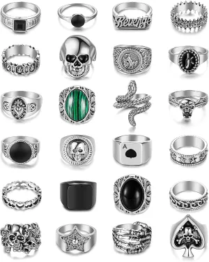24PCS Punk Rings Set for Men Vintage Cool Gothic Rings Sliver Hippie Stacking Knuckle Ring Skull Snake Poker Rings Pack