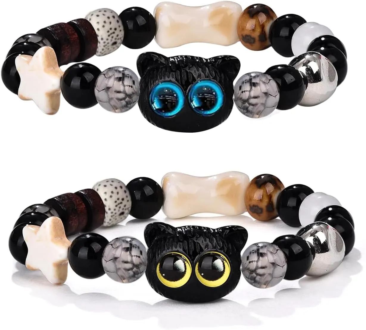 2Pcs Cute Cat Bracelets, Matching Charm Bracelets for Valentine's Day, Black Cat Bracelet for Protection and Good Luck