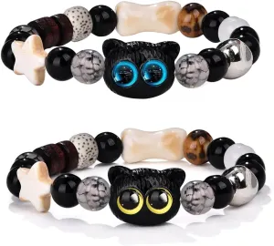 2Pcs Cute Cat Bracelets, Matching Charm Bracelets for Valentine's Day, Black Cat Bracelet for Protection and Good Luck