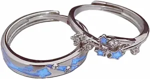 2pcs Lovers Rings Luminous Star Camellia Couple Rings Cubic Zirconia Adjustable Open Rings Love Anniversary Daily Wear