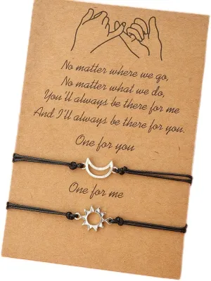 2Pcs / Set Heart Sun Moon Charm Bracelets for Women Men Handmade Braided Rope Adjustable Bracelets Couple Friendship Jewelry Gift