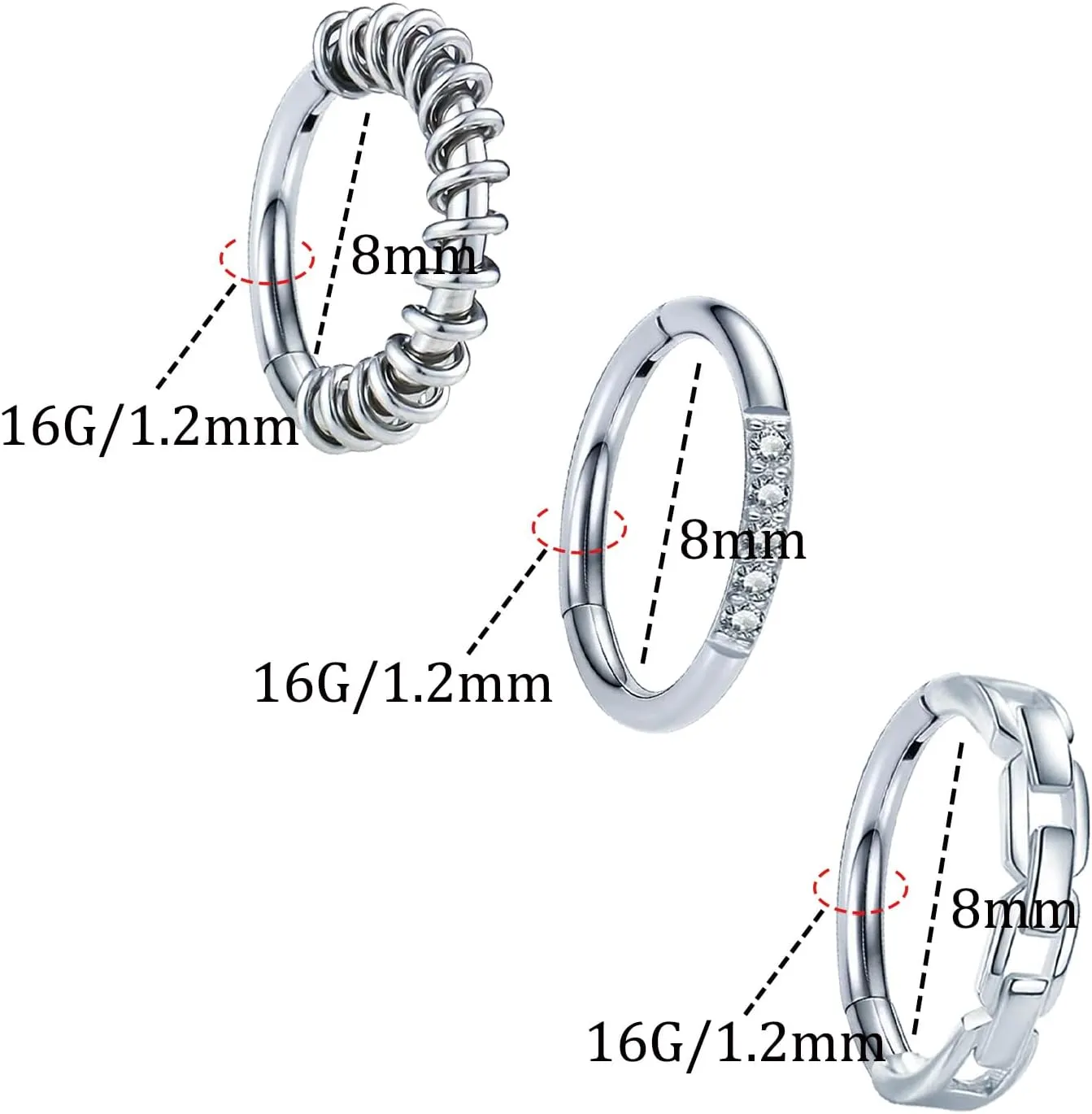 3 Pcs Nose Rings Hoops for Women 316L Surgical Steel Opal Septum Rings 16G Hinged Nose Piercings Jewelry Cartilage Earring Helix Rook Tragus Daith 8mm