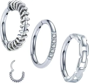 3 Pcs Nose Rings Hoops for Women 316L Surgical Steel Opal Septum Rings 16G Hinged Nose Piercings Jewelry Cartilage Earring Helix Rook Tragus Daith 8mm