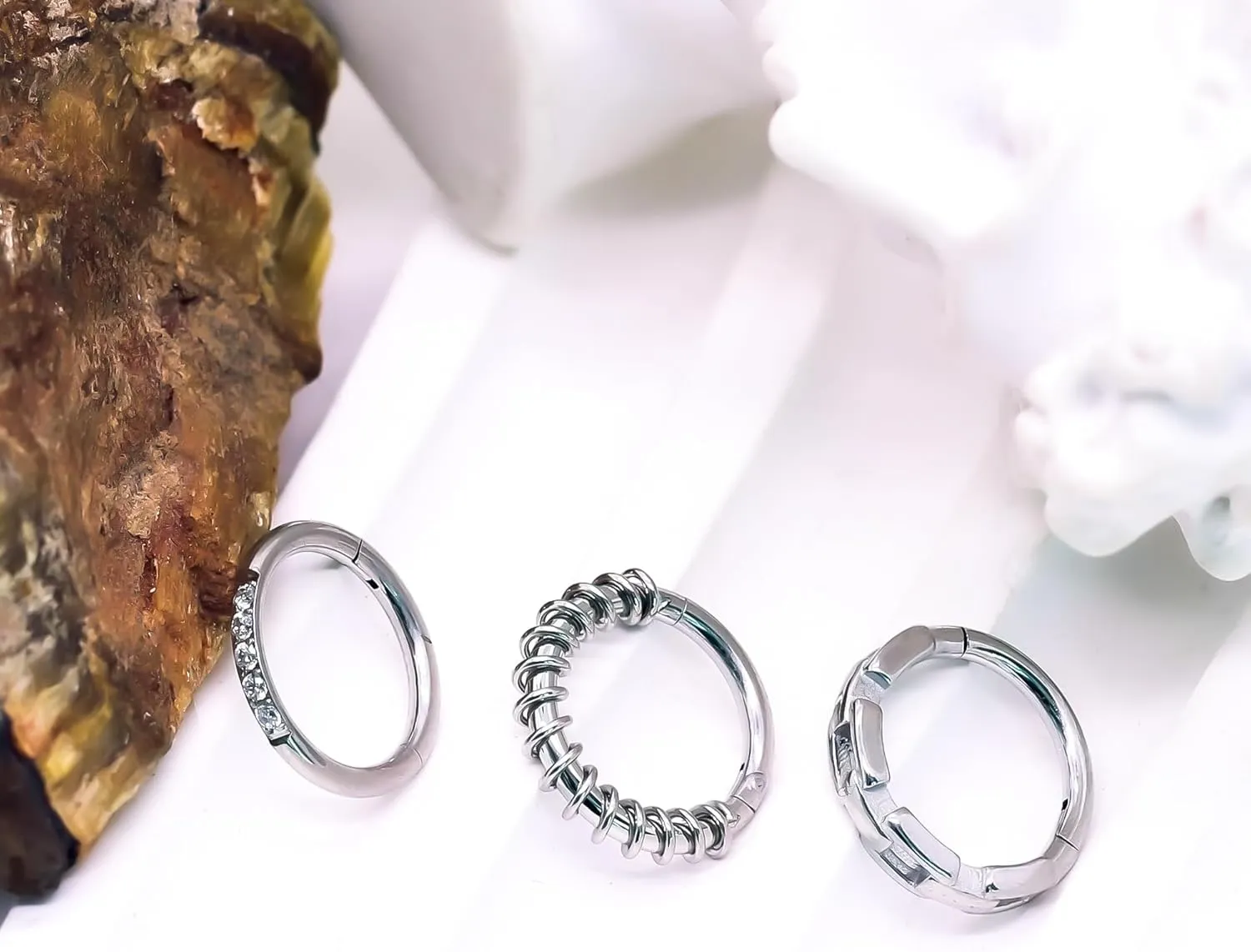 3 Pcs Nose Rings Hoops for Women 316L Surgical Steel Opal Septum Rings 16G Hinged Nose Piercings Jewelry Cartilage Earring Helix Rook Tragus Daith 8mm