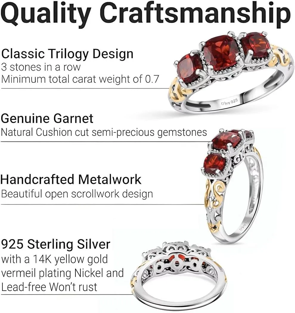 3 Stone Garnet Ring for Women in 14K Gold Plated 925 Sterling Silver - January Birthstone Promise Engagement Vintage Red Garnet Jewelry Birthday Gifts