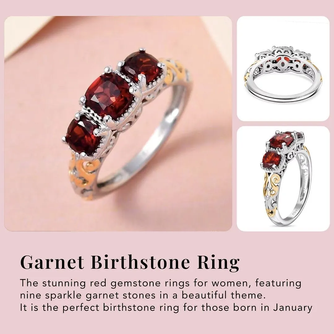 3 Stone Garnet Ring for Women in 14K Gold Plated 925 Sterling Silver - January Birthstone Promise Engagement Vintage Red Garnet Jewelry Birthday Gifts