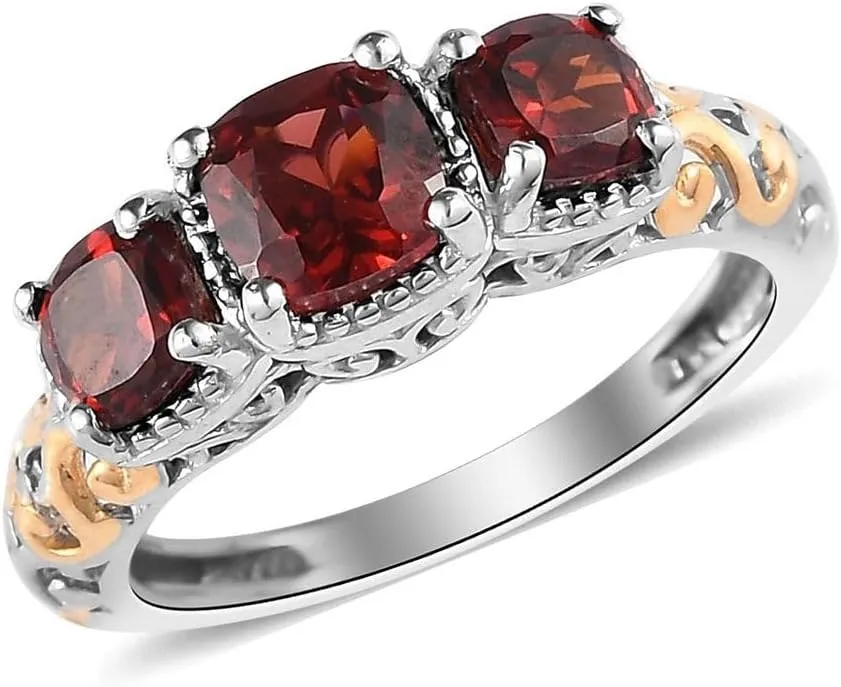 3 Stone Garnet Ring for Women in 14K Gold Plated 925 Sterling Silver - January Birthstone Promise Engagement Vintage Red Garnet Jewelry Birthday Gifts