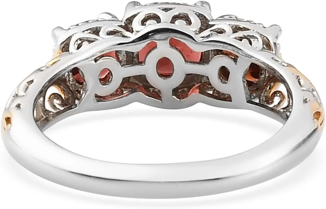 3 Stone Garnet Ring for Women in 14K Gold Plated 925 Sterling Silver - January Birthstone Promise Engagement Vintage Red Garnet Jewelry Birthday Gifts
