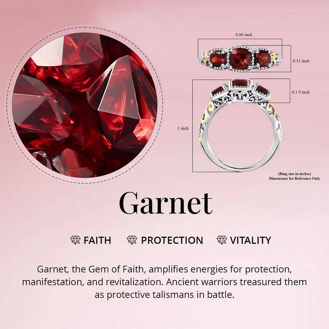 3 Stone Garnet Ring for Women in 14K Gold Plated 925 Sterling Silver - January Birthstone Promise Engagement Vintage Red Garnet Jewelry Birthday Gifts