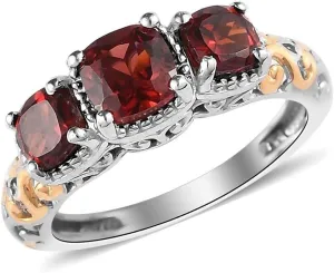 3 Stone Garnet Ring for Women in 14K Gold Plated 925 Sterling Silver - January Birthstone Promise Engagement Vintage Red Garnet Jewelry Birthday Gifts