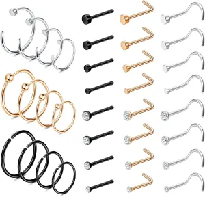 36-40Pcs 20G Nose Ring for Women Men Surgical Stainless Steel L Bone Shaped Nose Rings Studs Nose Rings Hoops Set Nose Piercing Jewelry