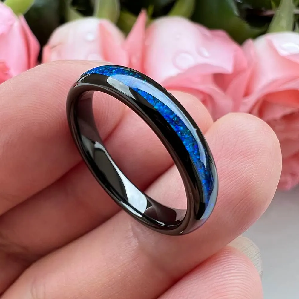 4mm Silver/Black Tungsten Rings for Women Men Engagement Wedding Bands Genuine Blue Green Galaxy Opal Inlay Domed Polished Comfort Fit