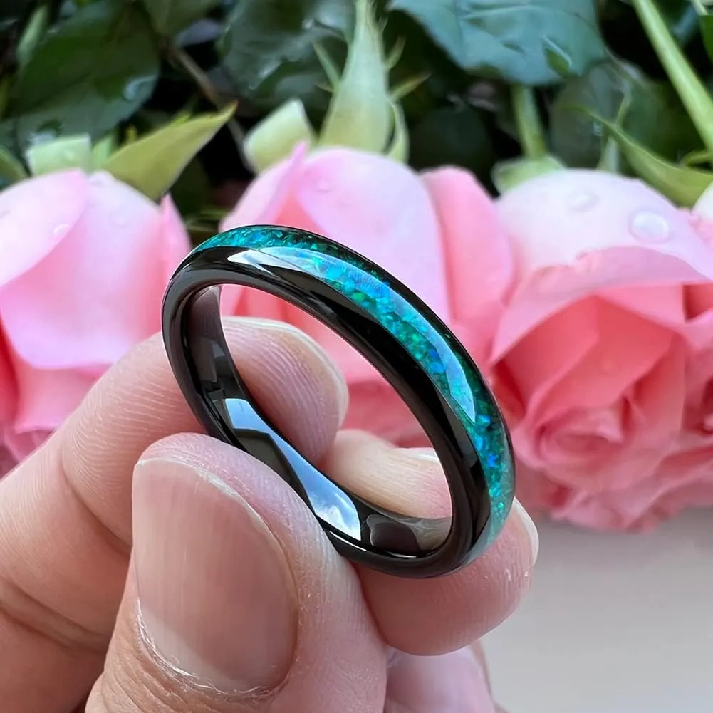 4mm Silver/Black Tungsten Rings for Women Men Engagement Wedding Bands Genuine Blue Green Galaxy Opal Inlay Domed Polished Comfort Fit