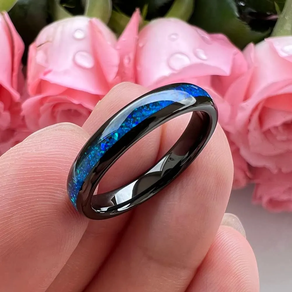 4mm Silver/Black Tungsten Rings for Women Men Engagement Wedding Bands Genuine Blue Green Galaxy Opal Inlay Domed Polished Comfort Fit