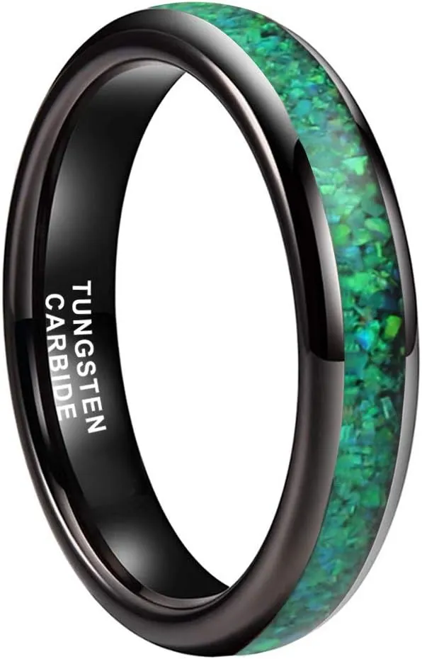 4mm Silver/Black Tungsten Rings for Women Men Engagement Wedding Bands Genuine Blue Green Galaxy Opal Inlay Domed Polished Comfort Fit