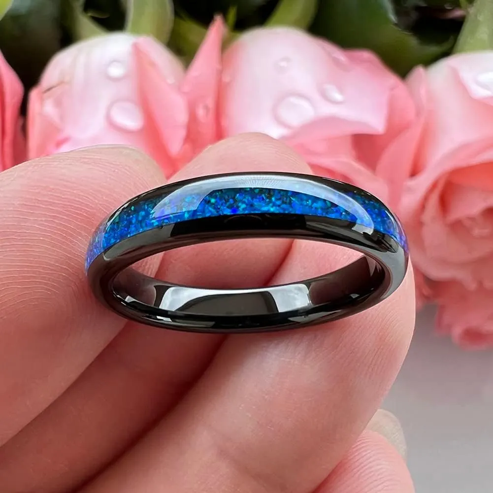 4mm Silver/Black Tungsten Rings for Women Men Engagement Wedding Bands Genuine Blue Green Galaxy Opal Inlay Domed Polished Comfort Fit