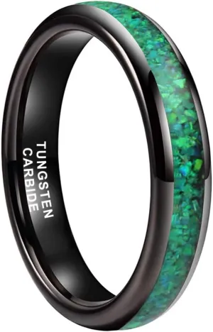 4mm Silver/Black Tungsten Rings for Women Men Engagement Wedding Bands Genuine Blue Green Galaxy Opal Inlay Domed Polished Comfort Fit