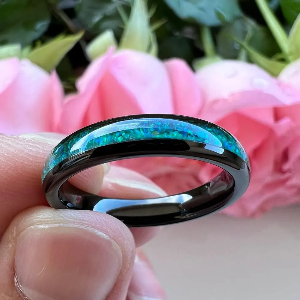 4mm Silver/Black Tungsten Rings for Women Men Engagement Wedding Bands Genuine Blue Green Galaxy Opal Inlay Domed Polished Comfort Fit
