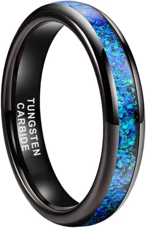 4mm Silver/Black Tungsten Rings for Women Men Engagement Wedding Bands Genuine Blue Green Galaxy Opal Inlay Domed Polished Comfort Fit