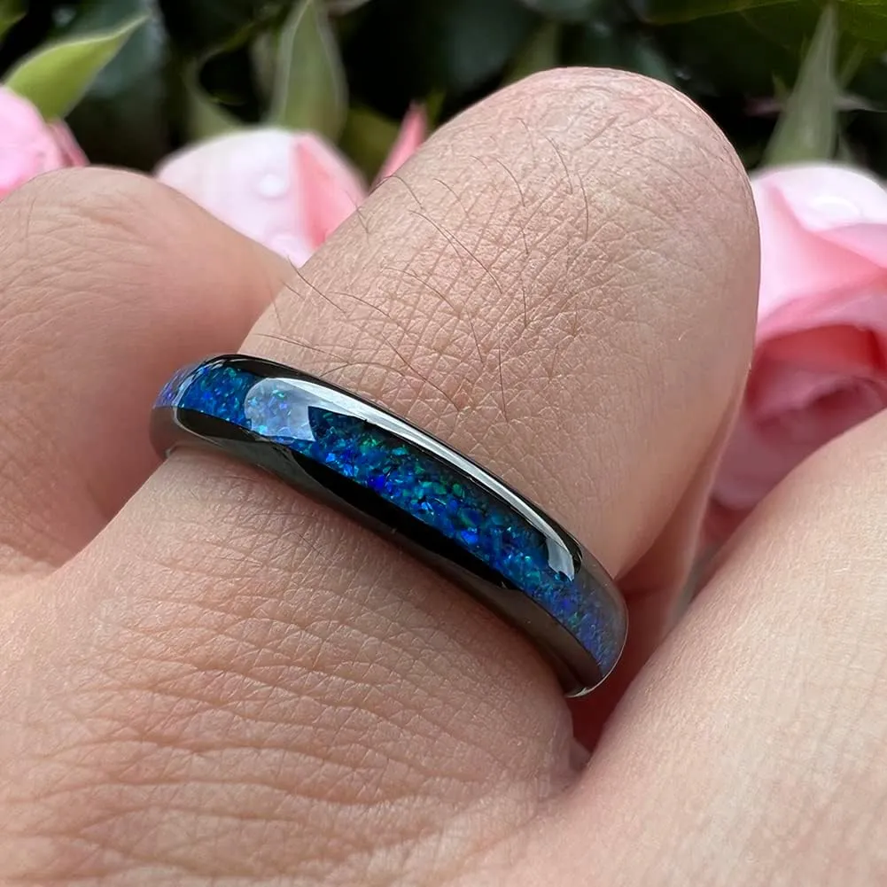 4mm Silver/Black Tungsten Rings for Women Men Engagement Wedding Bands Genuine Blue Green Galaxy Opal Inlay Domed Polished Comfort Fit