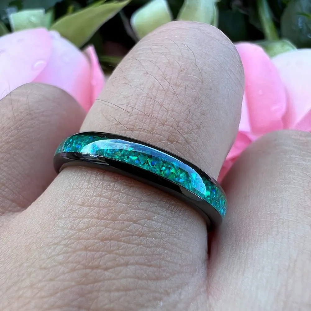 4mm Silver/Black Tungsten Rings for Women Men Engagement Wedding Bands Genuine Blue Green Galaxy Opal Inlay Domed Polished Comfort Fit