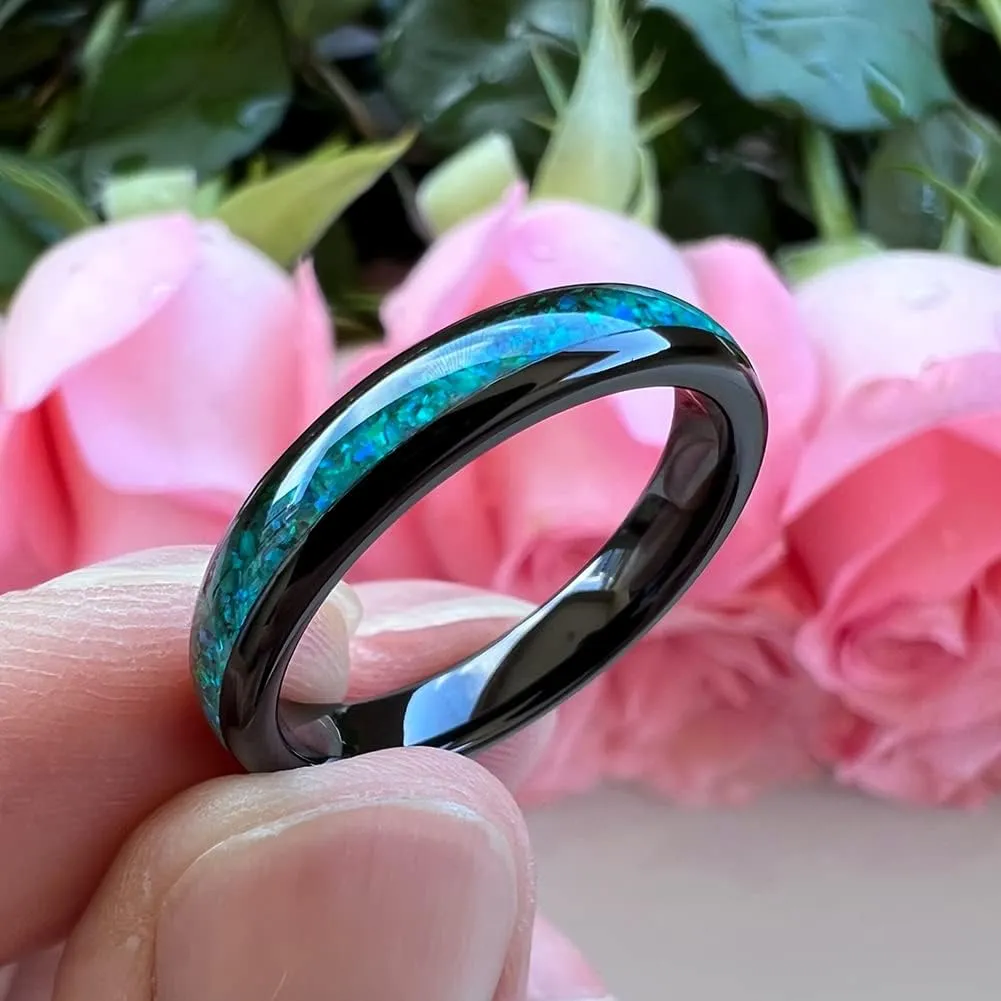 4mm Silver/Black Tungsten Rings for Women Men Engagement Wedding Bands Genuine Blue Green Galaxy Opal Inlay Domed Polished Comfort Fit