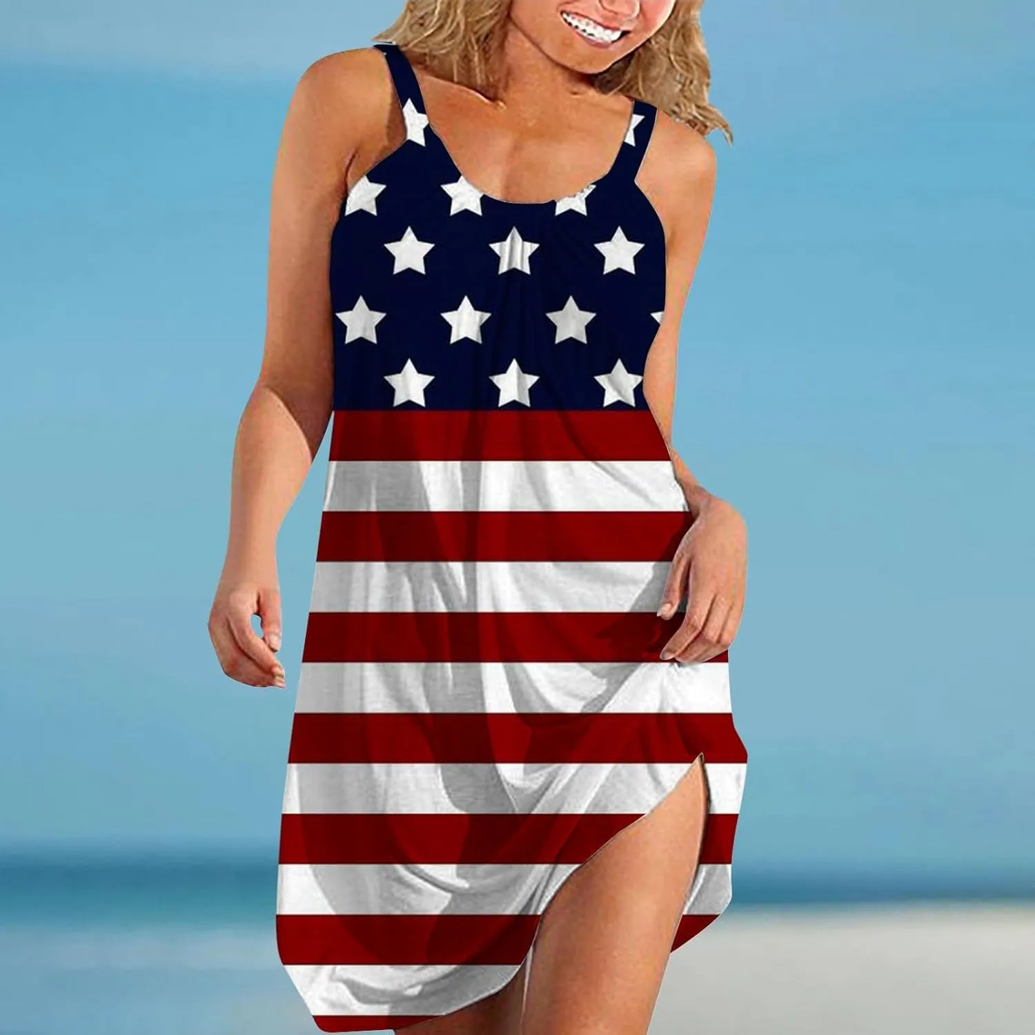 4th of July Dresses for Women Summer Casual Sleeveless Beach Flowy Sundress Patriotic American Flag Stars Tank Dress