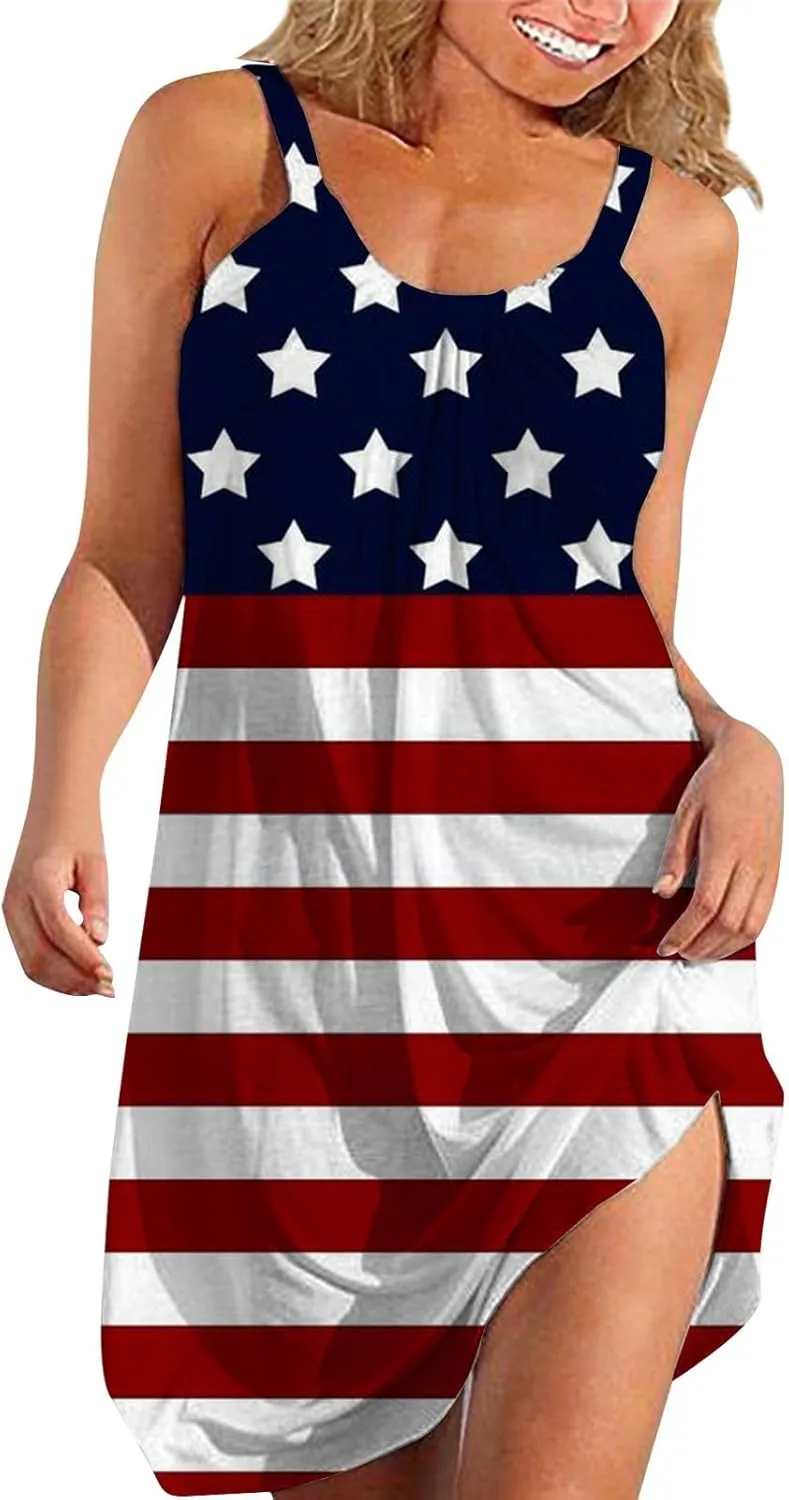 4th of July Dresses for Women Summer Casual Sleeveless Beach Flowy Sundress Patriotic American Flag Stars Tank Dress