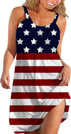 4th of July Dresses for Women Summer Casual Sleeveless Beach Flowy Sundress Patriotic American Flag Stars Tank Dress
