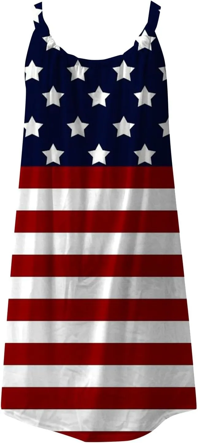 4th of July Dresses for Women Summer Casual Sleeveless Beach Flowy Sundress Patriotic American Flag Stars Tank Dress