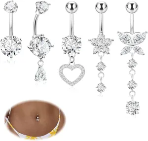 5Pcs 14G Surgical Steel Dangle Belly Button Rings for Women Dangling Belly Rings CZ Navel Rings Hypoallergenic Heart Flower Butterfly Teardrop Navel Piercing Jewelry 10/14mm