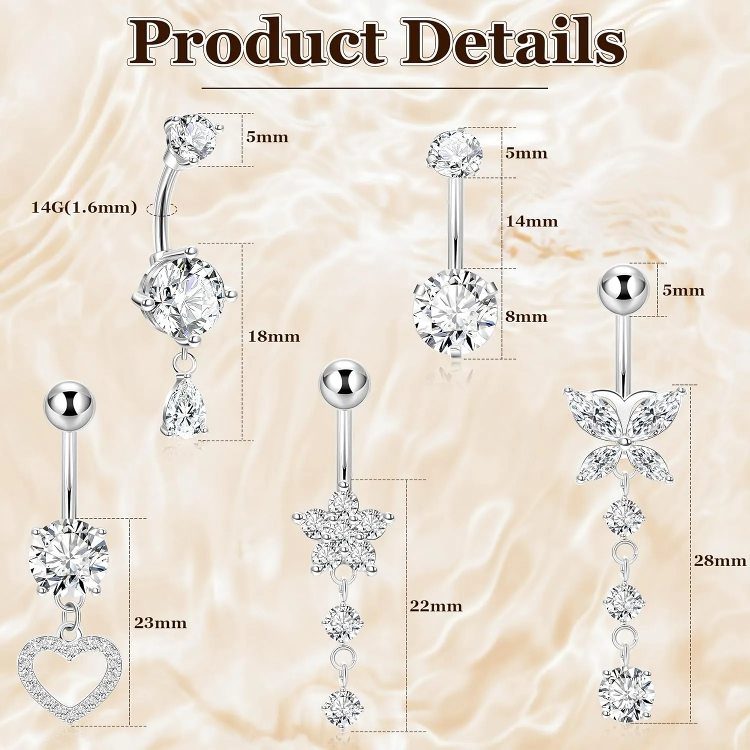 5Pcs 14G Surgical Steel Dangle Belly Button Rings for Women Dangling Belly Rings CZ Navel Rings Hypoallergenic Heart Flower Butterfly Teardrop Navel Piercing Jewelry 10/14mm