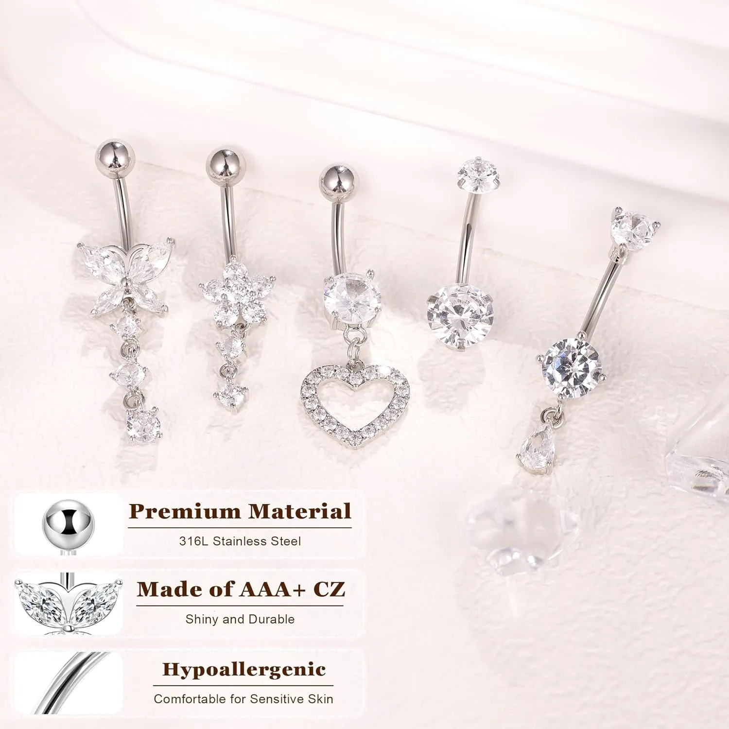 5Pcs 14G Surgical Steel Dangle Belly Button Rings for Women Dangling Belly Rings CZ Navel Rings Hypoallergenic Heart Flower Butterfly Teardrop Navel Piercing Jewelry 10/14mm