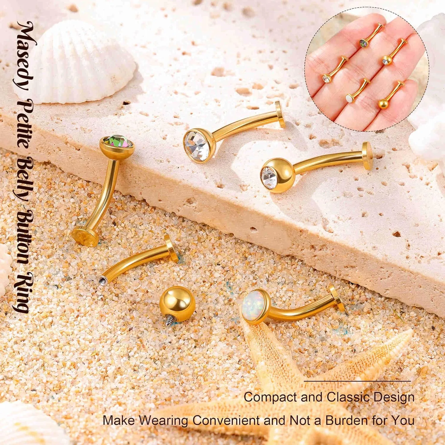 5PCS 316L Stainless Steel Floating Belly Button Rings for Women 14G Petite Flat Back CZ Belly Rings Hypoallergenic Small Opal Internally Threaded Navel Piercing Jewelry 6-16MM