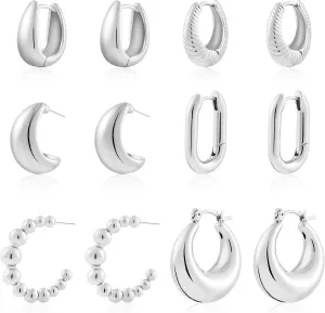 6 Pairs Gold Hoop Earrings for Women, 14K Gold Plated Lightweight Chunky Hoop Earrings Set Hypoallergenic, Thick Open Huggie Hoops Earrings Jewelry for Gifts.