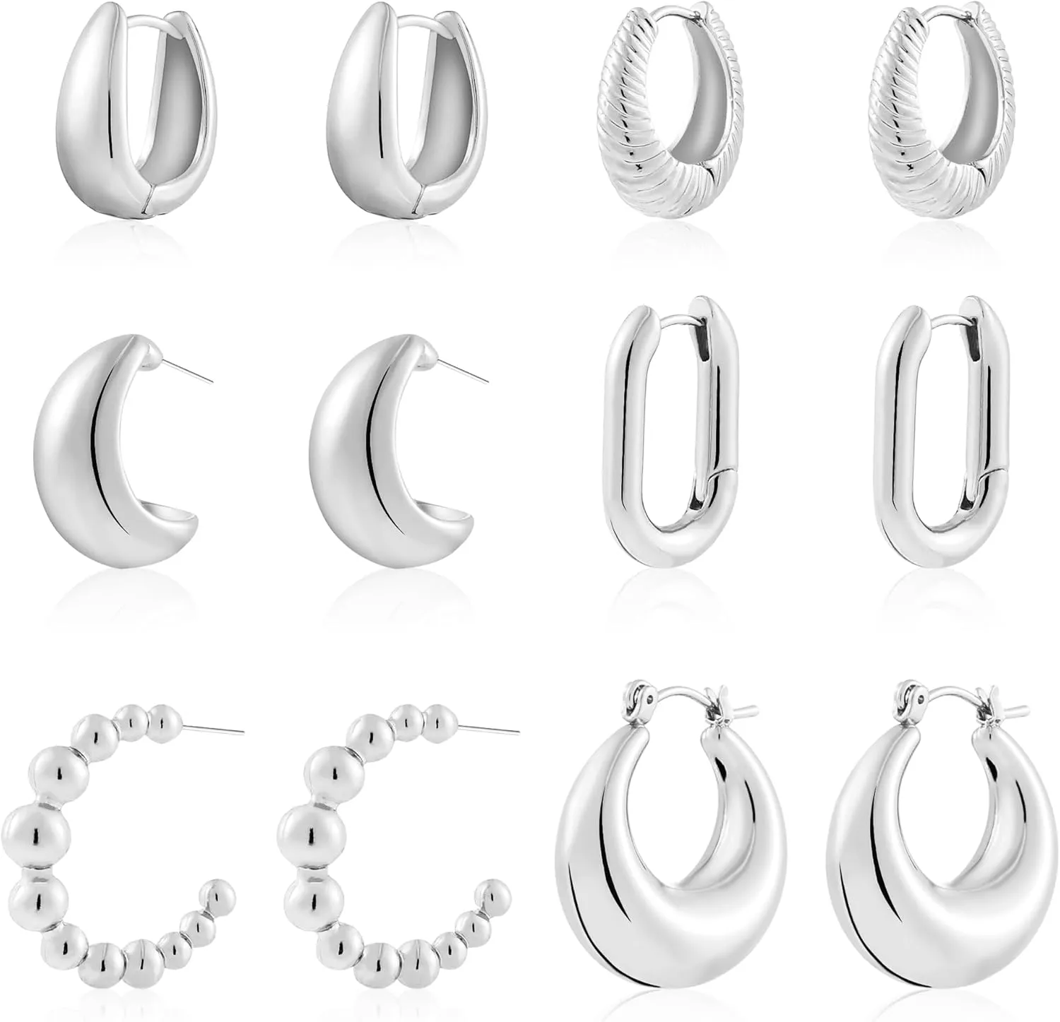 6 Pairs Gold Hoop Earrings for Women, 14K Gold Plated Lightweight Chunky Hoop Earrings Set Hypoallergenic, Thick Open Huggie Hoops Earrings Jewelry for Gifts.