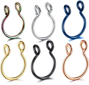 6 Pcs 20G Fake Nose Septum Rings Stainless Steel Non Piercing Fake Nose Hoops Fake Septum Piercing Jewelry Clip On Fake Nose Rings for Women Men