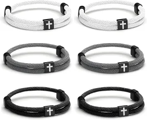 6 Pcs Braided Cross Bracelet Adjustable Rope Jesus Bracelets with Metal Knot Christian Woven String Wristband for Men Women