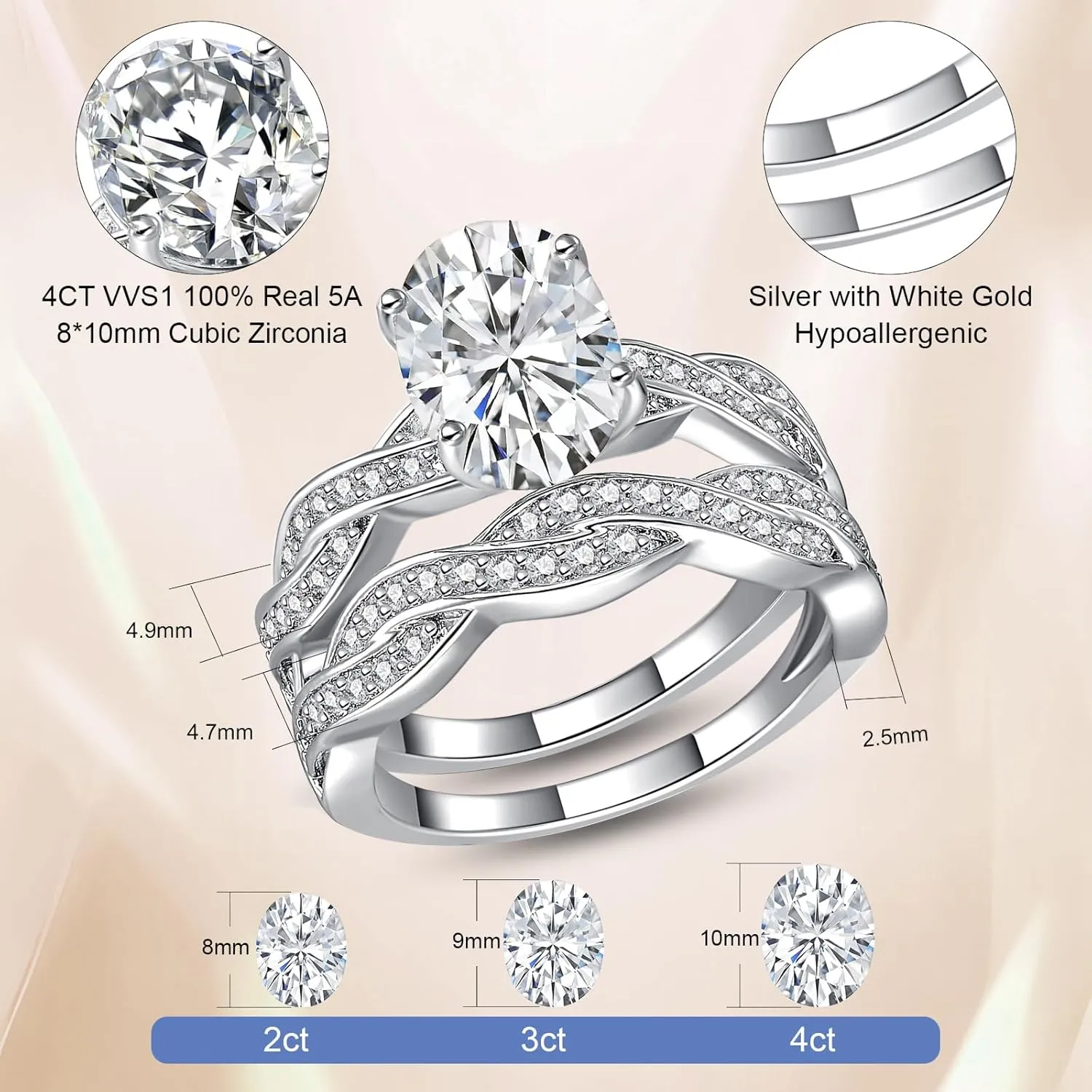 6CT Oval Engagement Rings for Women, Promise Wedding Cubic Zirconia White Gold Plated Band Set for Women, Size 5-10
